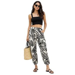 Rachel Zoe Pants Palm Fronds Print Cream Black Linen Blend Cargo Joggers L